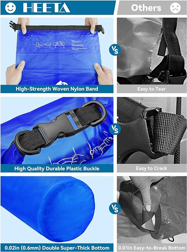 HEETA Dry Bag Waterproof for Women Men, 5L/10L/20L/30L/40L Roll Top Lightweight Dry Storage Bag Backpack with Phone Case for Travel, Swimming, Boating, Kayaking, Camping & Beach, 11 Transparent Colors