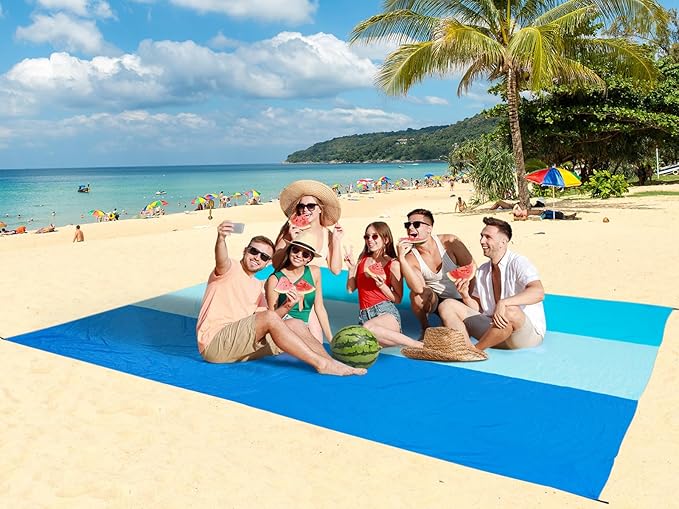 Beach Blanket Sandproof Extra Large Beach Mat Adults Waterproof Quick Drying Sand Free Mat Made by Premium Polyester with 4 Stakes & 4 Corner Pockets for Outdoor Travel Camping Hiking