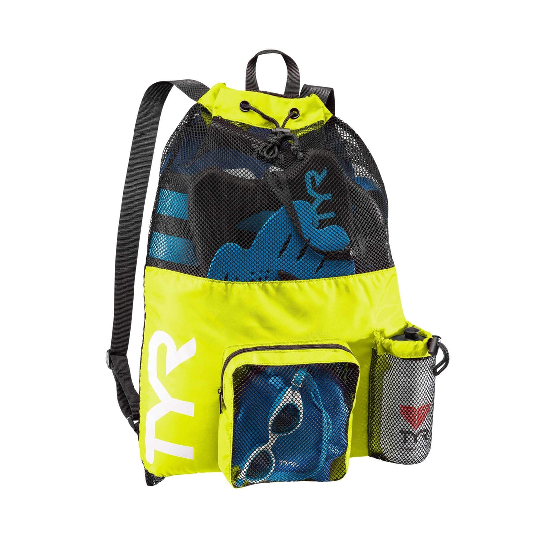 TYR Big Mesh Mummy Backpack for Wet Swimming, Gym, and Workout Gear, Yellow