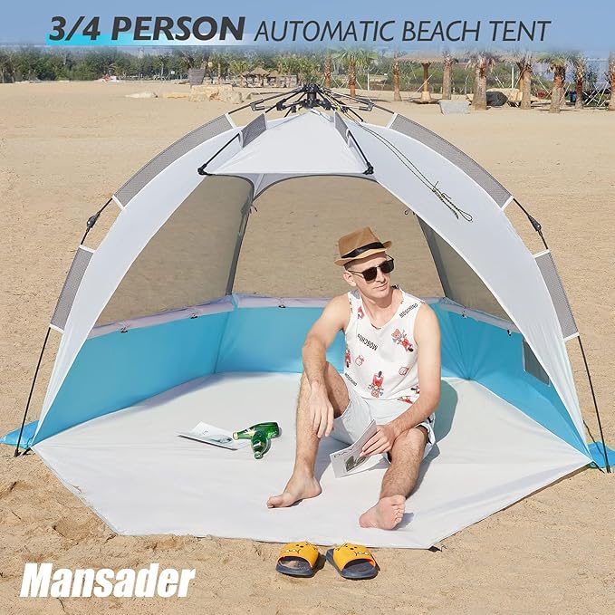 Beach Tent Pop Up Shade, Instant Beach Tents Sun Shelter with UPF 50+ UV Protection, Lightweight & Easy Setup Tent 2-6 Person