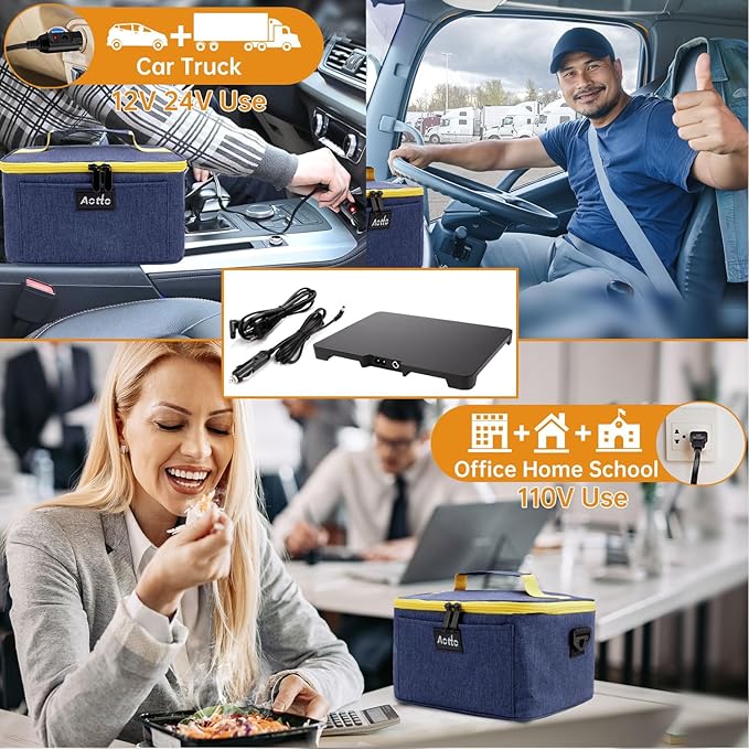 Aotto Portable Electric Lunch Box Food Heater, 12V/24V/110V 3-in-1 Car Food Warmer Heated Lunch Box for Adults, Cook, Reheat & Keep Meals Warm for Car, Truck, Travel, Work, Home - Navy Blue
