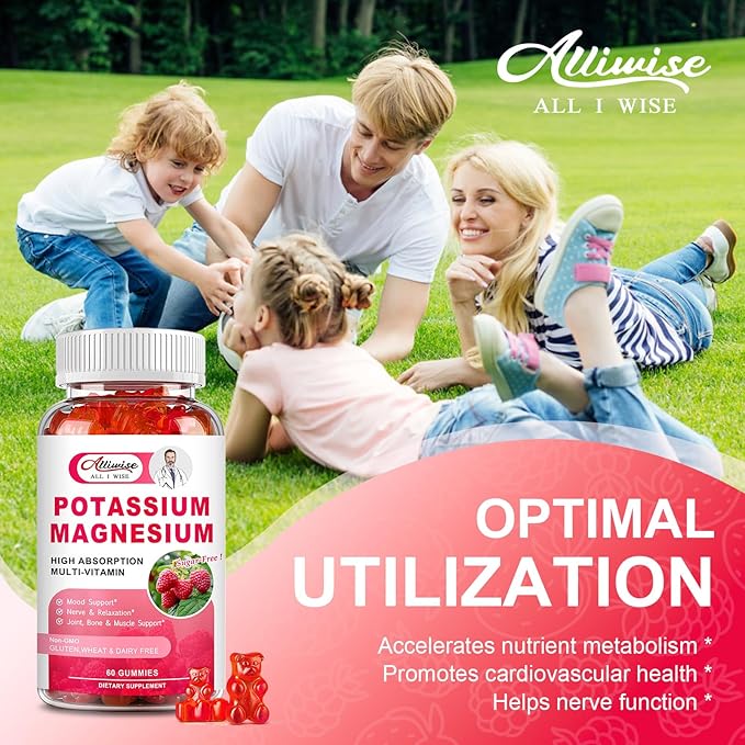 Potassium Magnesium Supplement Gummies with Potassium Citrate & Magnesium Glycinate for Bone & Muscle Relaxation,Mood & Energy Support.High Absorption Vitamin B6, D3, C.Raspberry Flavor