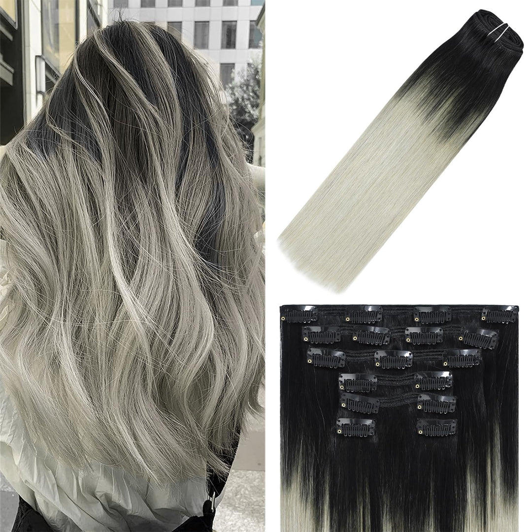 Windtouch Clip In Hair Extensions Human Hair 120G Balayage Natural Black Fading To Silver Gray #1Btgray Stainless Clips Thick Fu