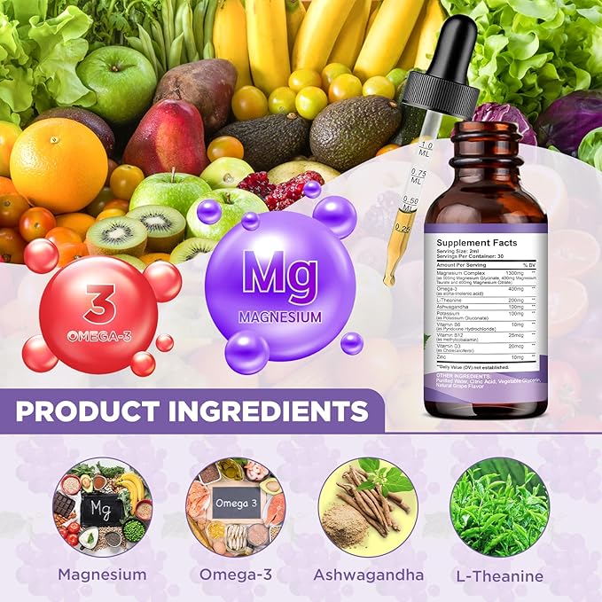 Triple Magnesium Complex Liquid Drops - 1300mg Magnesium Glycinate, Taurate & Citrate with Omega3, L-Theanine, Ashwagandha, Potassium - Support Sleep, Nerve, Immune, Energy - Grape Flavor, 2 Fl OZ