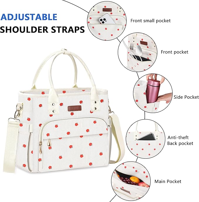 Lunch Bag Lunch Box Women - Leakproof Insulated Lunch Cooler Bag for Women - Large Lunch Tote Bags Adults, Corduroy Apple