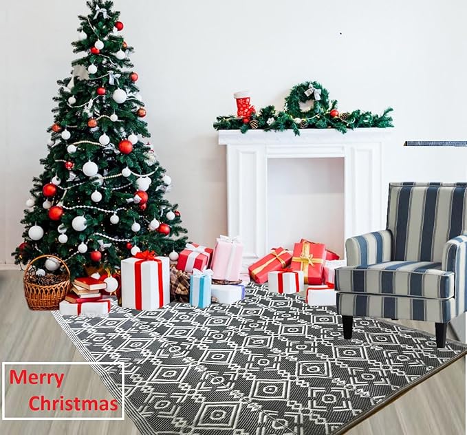 BalajeesUSA Outdoor Rugs 6'x9' Grey Patio decore Reversible Waterproof Portable Camper Awning mats for Outside Your RV Porch Backyard Deck Tent Balcony Picnic Beach 7049