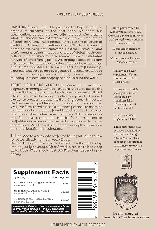 Hamilton’s Lucid Lion’s Mane | Organic Mushroom Extract Powder for Synapse Repair, Nerve Growth Factor, Focus, Memory, and Concentration | High Potency | 30% Beta Glucans | GF, Non-GMO, Vegan (500g)