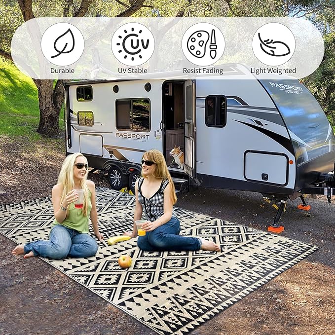 Waterproof Outdoor Rug 5x8ft, Bohemia Reversible Plastic Straw Mat for Patio RV Deck Porch Backyard Balcony Camping Picnic Beach Indoor Outdoor Carpet, Black&Beige
