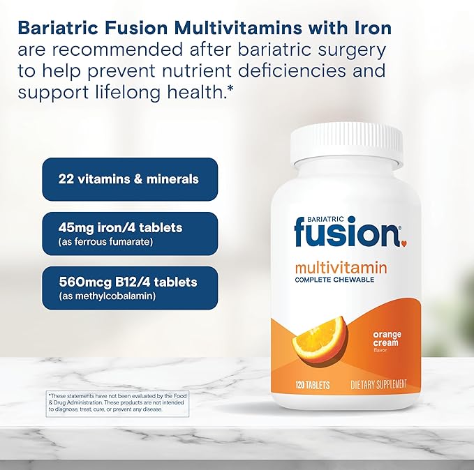 Bariatric Fusion Orange Cream Flavored Complete Chewable Bariatric Multivitamin with Iron for Bariatric Surgery Patients Including Gastric Bypass and Sleeve Gastrectomy - 120 Tablets