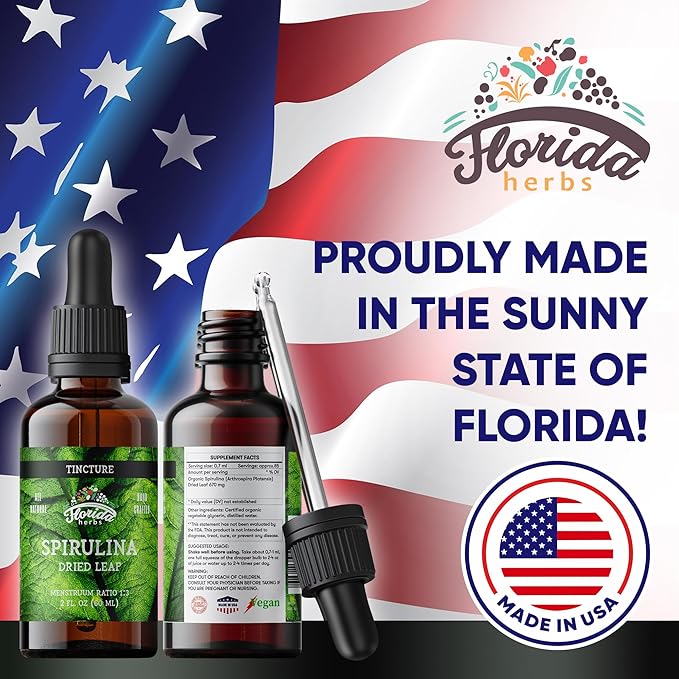Spirulina Tincture, Organic Spirulina Extract (Arthrospira Platensis) Herbal Supplement, Non-GMO in Cold-Pressed Organic Vegetable Glycerin, 700 mg, 2 oz (60 ml)