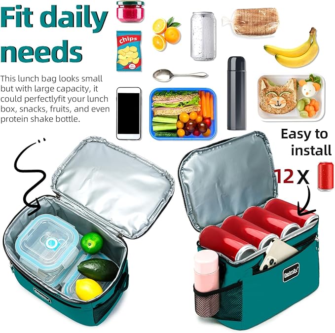 BEIMILY Lunch Box for Men/Women,Small Insulated Lunch Bag,Reusable LunchBox for work Picnic Beach,Leakproof Soft Cooler Tote Bag Organizer with Adjustable Shoulder Strap for Adults (Dark teal)