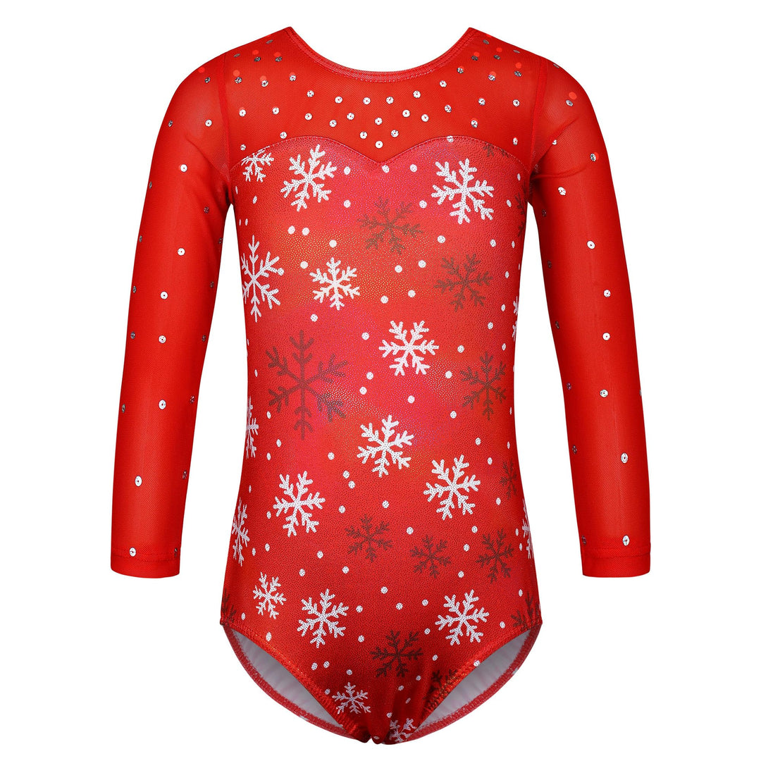 TFJH E One Piece Girls Gymnastic Leotard 3/4 Sleeve Practice Outfits Ballet Dancewear 213 Red Snowflake 4A
