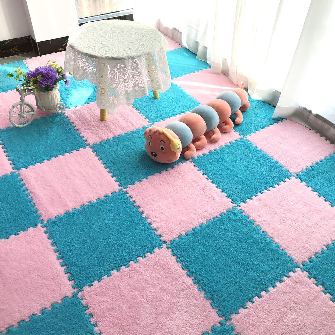 easycustomerlee 12pcs Interlocking Carpet Shaggy Soft EVA Foam Mats Fluffy Rugs Protective Floor Tiles Play Mats for Children Kids Room Home Parlor Bedroom(Blue)