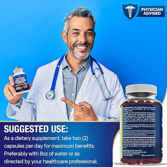 Sea Moss Gummies, Sea Moss, Black Seed, Ashwagandha, Turmeric, Manuka Honey, ACV, Dandelion, Black Pepper, Burdock, Bladderwrack, Vegan - 120 Count