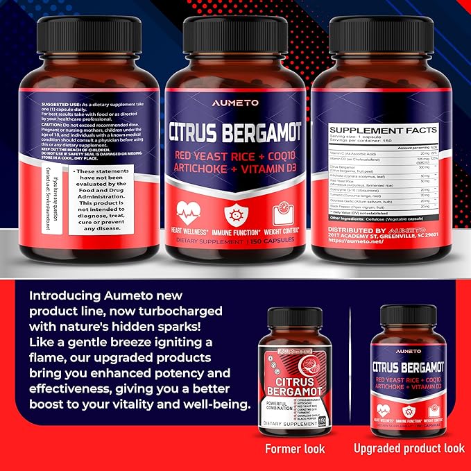 Citrus Bergamot Supplement with Red Yeast Rice, CoQ10, Artichoke, Vitamin D3 - Support Overall Circulation Wellness and Immune System (150 Count (Pack of 1))