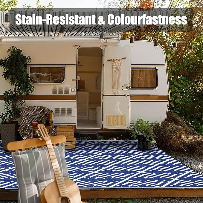 Outdoor Plastic Straw Rug, Waterproof Outdoor Rugs for Patios Clearance, Reversible Area Rug, Large Outside Carpet for Camping, Balcony, RV, Deck, Picnic, Beach (5x8ft Boho/Blue&White)