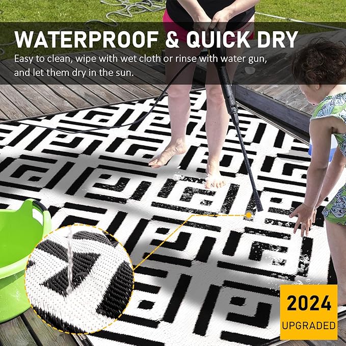 8x10Ft Outdoor Rug, Solar Powered Outdoor Camping Rug with 111LEDs Strip Lights, Waterproof Plastic Reversible Outdoor Straw Rug, Rug Mat for RV Camping Patio House Deck Beach Balcony Picnic