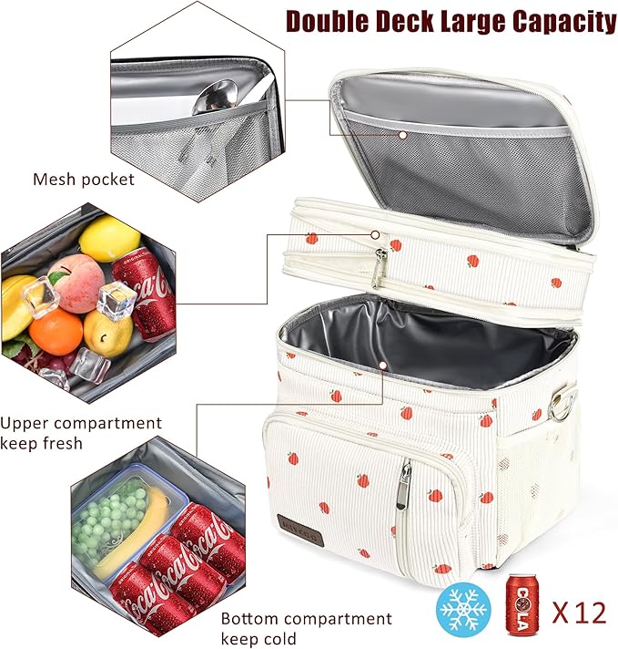 MIYCOO Lunch Bag & Lunch Box for Women Men Double Deck - Leakproof Insulated Soft Large Adult Lunch Cooler Bag for Work (Corduroy Apple, 15L)