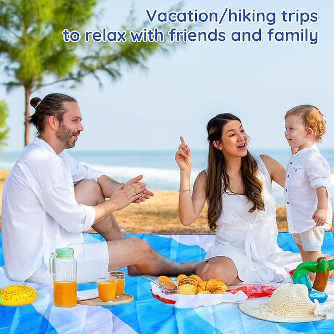 Extra Large Sandproof Beach Mat 80"x80" for 1-8 Persons, Waterproof Outdoor Picnic Blanket, Lightweight Beach Essentials for Camping, Traveling, Hiking (Light Blue, 80"x80")