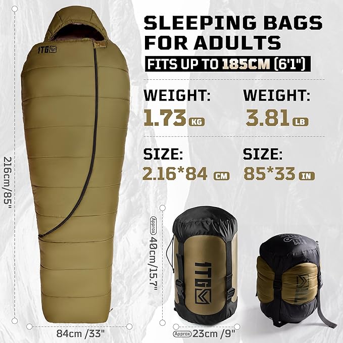 Mummy Sleeping Bag for Adults, Cold Weather Camping Sleeping Bags (25-36℉) with Adjustable Hood, Phone Pocket, Compression Sack for Warm Camping Hiking Outdoor