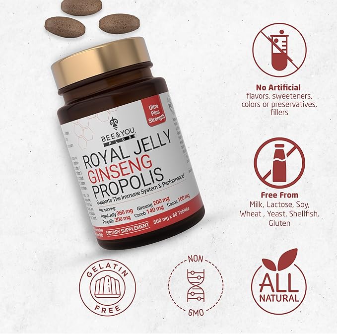 Bee and You Royal Jelly with Ginseng Tablet, Propolis Extract, 60ct, 100% Natural Superfood, Ultra Pure, Immune Support Supplement, Antioxidants, Keto, Paleo, Gluten-Free