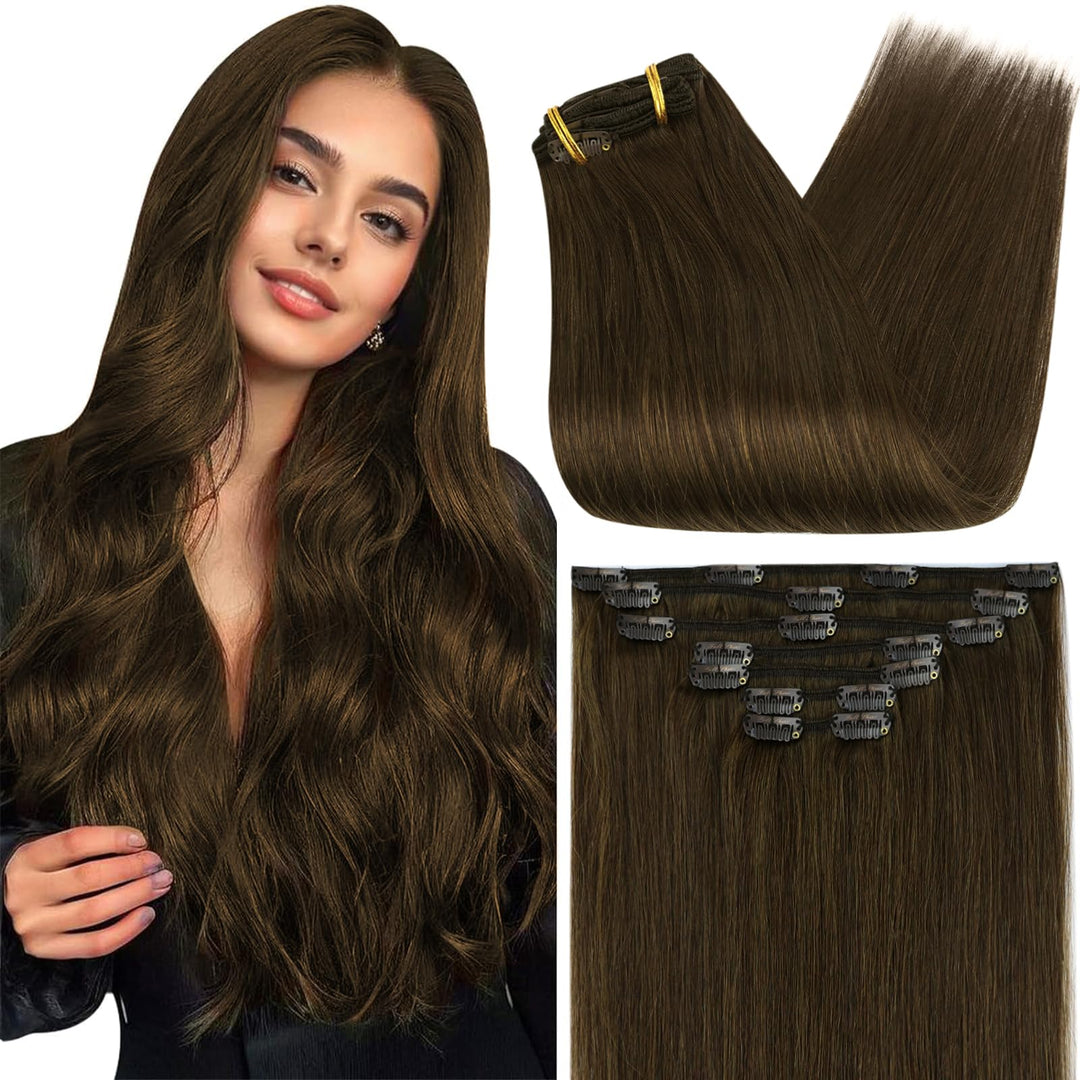 Full Shine 10 Inch Brown Clip in Hair Extensions Human Hair Chestnut Brown Hair Extensions Clip in Brunette Hair Extension Full Head 7 Pcs 95 G