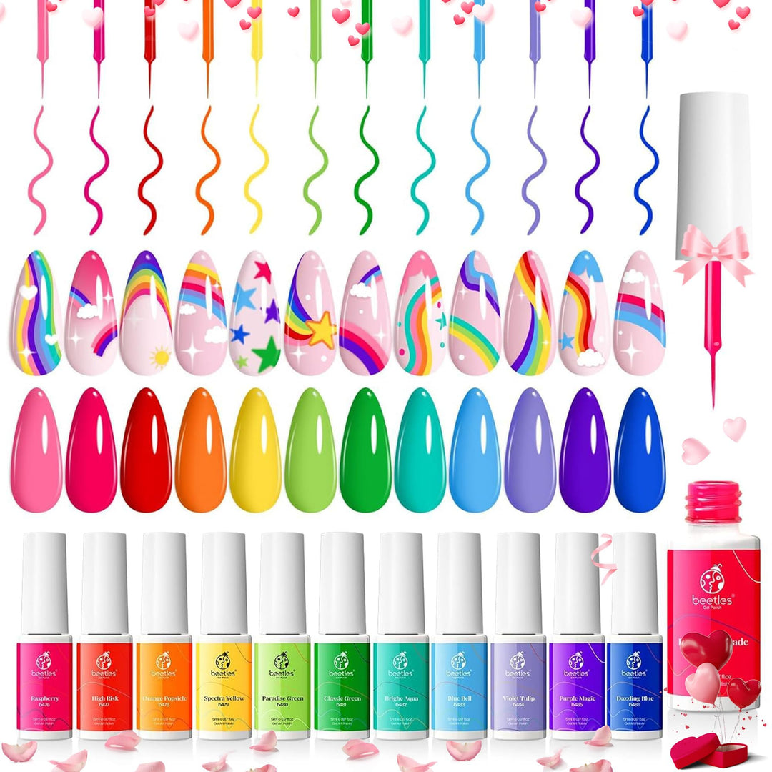 Beetles Gel Polish Rainbow Nail Art Gel Liner Set, 12 Colors Rainbow Neon Gel Nails Polish Set Swirl Nails Built Thin Nail Art Brush in Bottle Soak Off Uv Lamp Manicure Salon Gifts for Women