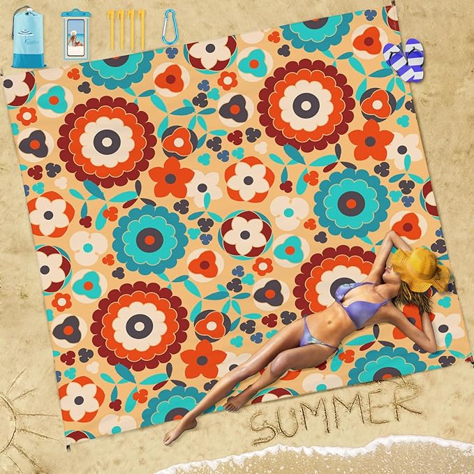 Beach Blanket Sandproof Waterproof 78''×81''1-5Adults Oversized,Compact Lightweight Durable Beach Mat for Travel Camping Hiking Picnic Blanket