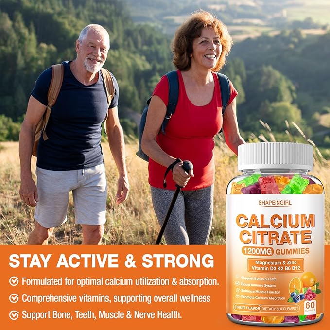 Calcium Citrate Gummies - 1200 mg Calcium Gummies with Magnesium Zinc, Calcium Supplements for Women & Men 60 Gummies