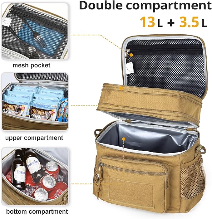 ATRIPACK Lunch Bag for Men, Double Deck Tactical Lunch Box Work with Shoulder Strap MOLLE Webbing Large Lunch Cooler Leakproof Insulated （Brown）