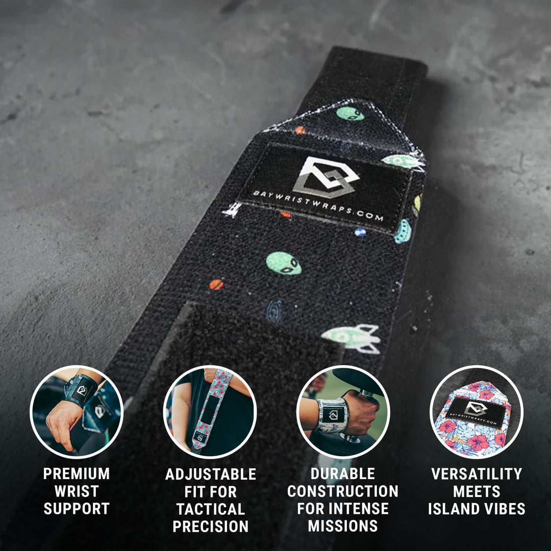 Bay Wrist Wraps Weightlifting Workout Wrist Brace - Adjustable, One Size Fits All - Comfort Wrist Wraps for Weightlifting with Thumb Loop, Lifting Wrist Straps in Galactic Aliens - 18-inch Wrist Wrap