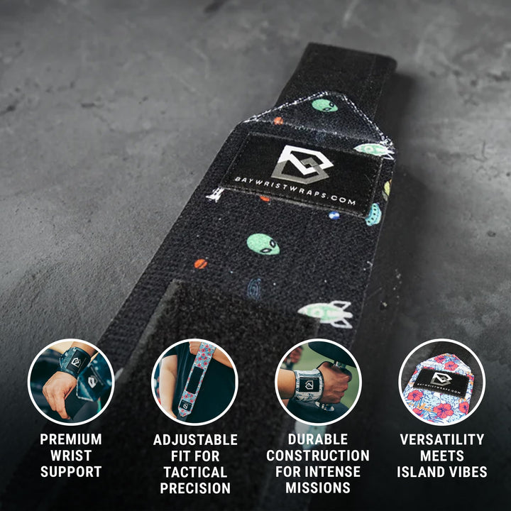 Bay Wrist Wraps Weightlifting Workout Wrist Brace - Adjustable, One Size Fits All - Comfort Wrist Wraps for Weightlifting with Thumb Loop, Lifting Wrist Straps in Galactic Aliens - 18-inch Wrist Wrap