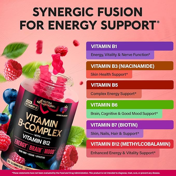 Vitamin B-Complex Gummies for Women & Men - Vitamin B12, B1, B2, B3, B5, B6, B7 & B9 - B Complex with Vitamin C & Choline - Energy, Brain & Mood - Natural Berry Flavor, Vegan - 60 Gummies for 2 Months