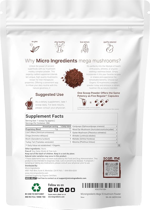 Micro Ingredients Organic Mega Mushroom 10 in 1 Complex Formula Powder for Immune System Booster, 10 Ounce (284 Days Supply), Chaga, Lions Mane, Cordyceps, Reishi & More, Filler Free, Vegan