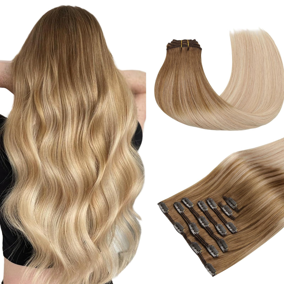 Maxita Hair Extensions Clip In Human Hair,120G 7Pcs Ash Bronde Highlight 22 Inch,Clip In Hair Extensions Real Human Hair Extensi