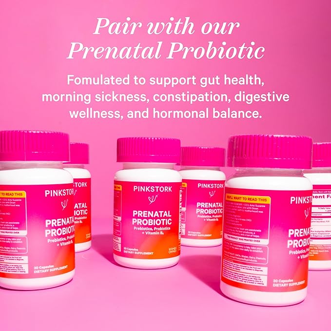 Pink Stork Premium Prenatal Vitamin for Women - Multivitamin & Probiotics - Morning Sickness, Digestion, & Energy - Folate, B6, & Iron - 60 Capsules - 2 Pack