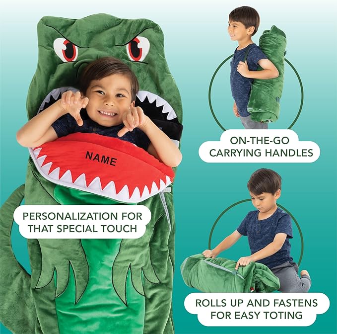Bixbee Kids Dinosaur Sleeping Bag for 3+, 60 x 22 Inches, Soft Toddler Slumber Bag with Carrying Handle | Machine Washable for Naptime, Daycare