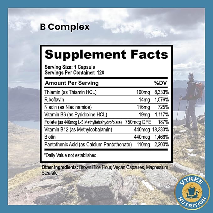 B Complex Supplement – High-Potency B Vitamins with 750mg DFE Folate, 440mg B12 & Biotin | Vegan Non-GMO | Supports Cellular Energy Production & Red Blood Cell Formation | 120 Capsules
