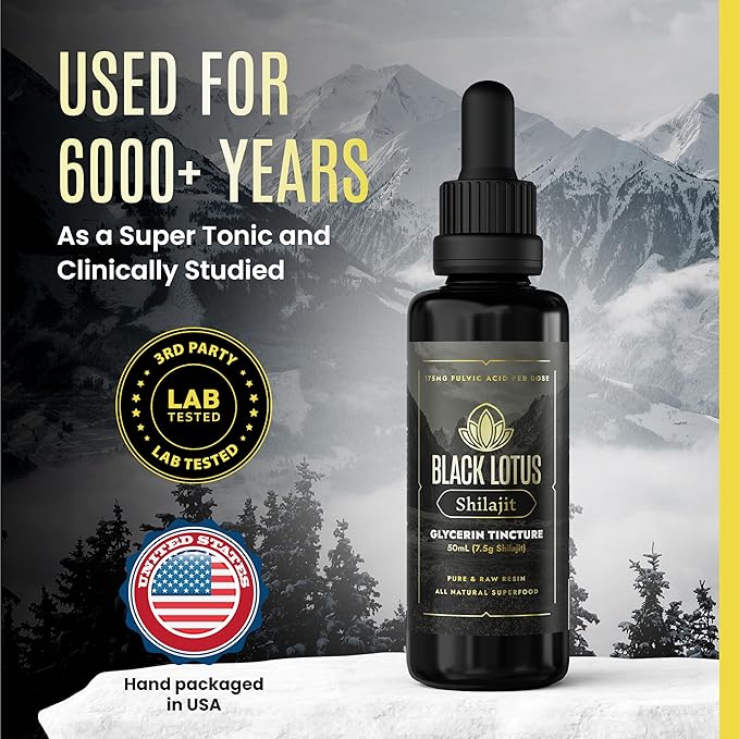 Black Lotus Pure Shilajit Resin Liquid Tincture, 50ml, 100% Pure Natural Shilajit for Men & Women with Amino Acids, 175mg Fulvic Acid, 85 Ionic Trace Minerals, for Immune Support, Focus, Energy