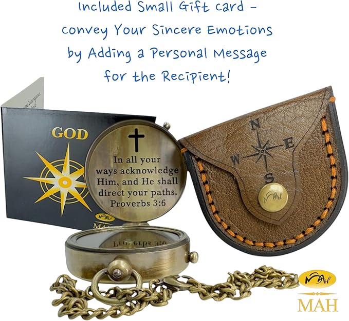 Handmade Religious Compass – “God is with You” Engraved Working Brass Gift – Christian Baptism, Confirmation, Christening or First Communion Keepsake for Boys, Teens & Men – Guided by Faith