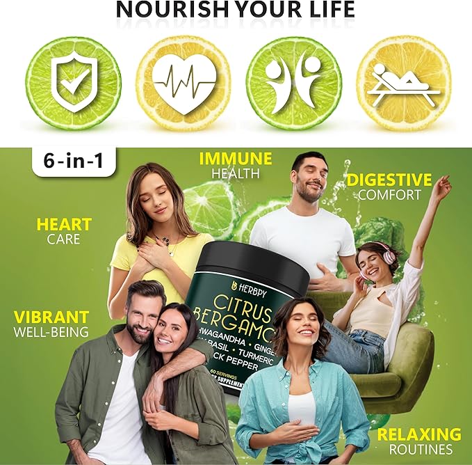 6in1 Citrus Bergamot Supplement with Ashwagandha, Holy Basil, Turmeric & Ginger Root - Healthy Aging, Immune & Relaxation - 120 Vegan Capsules