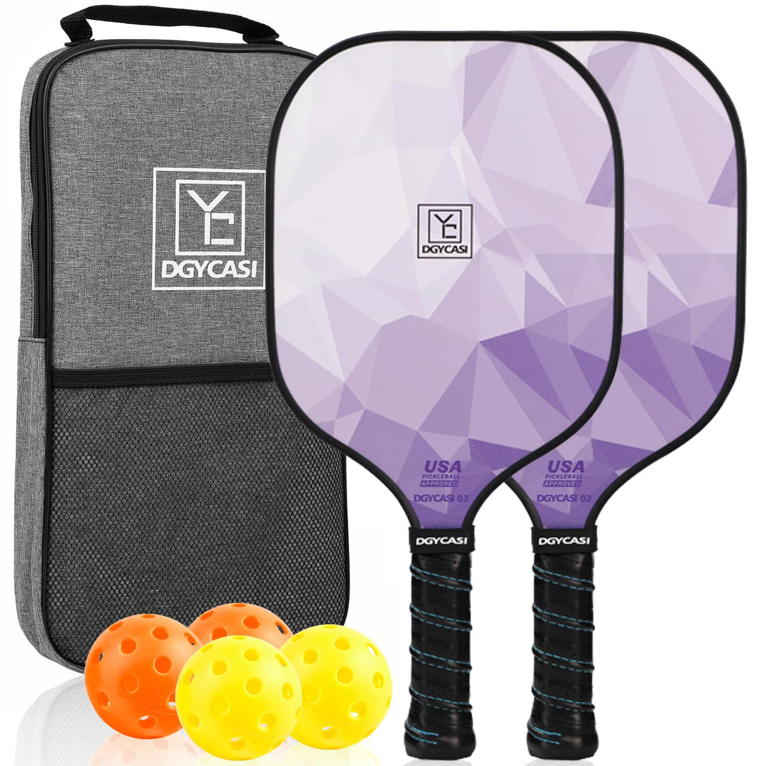 Pickleball Paddles Set of 2, 2024 USAPA Approved, Carbon Fiber Surface (CHS), Polypropylene Honeycomb Core, Anti-Slip Sweat-Absorbing Grip, 4 Pickleball, Portable Carry Bag (Purple)