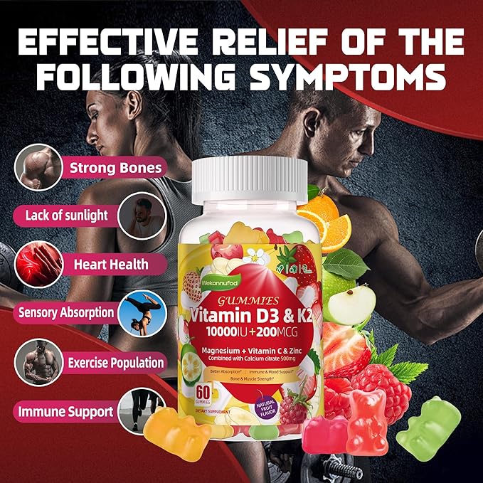 Sugar-Free Vitamin D3 K2 Gummies with Calcium + K2 (MK-7), Magnesium Citrate, Vitamin C, Extra Strength - Ultimate Absorption for Bone Muscle Teeth Immune, Vegan - 60 Gummies