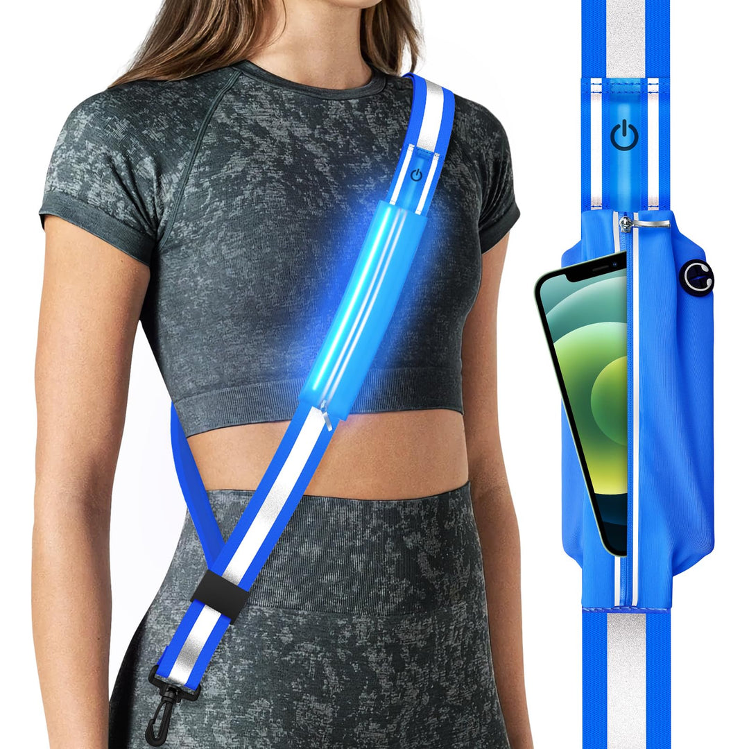 Fokia Kunbio LED Reflective Belt Sash for Walking at Night, Night Running Safety Gear High Visibility Rechargeable LED Light Up Running Belt for Runners Walkers Men Women (Bule)