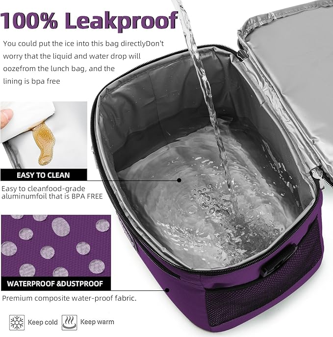BEIMILY Lunch Box for Men/Women,Small Insulated Lunch Bag,Reusable LunchBox for work Picnic Beach,Leakproof Soft Cooler Tote Bag Organizer with Adjustable Shoulder Strap for Adults(Dark Purple)