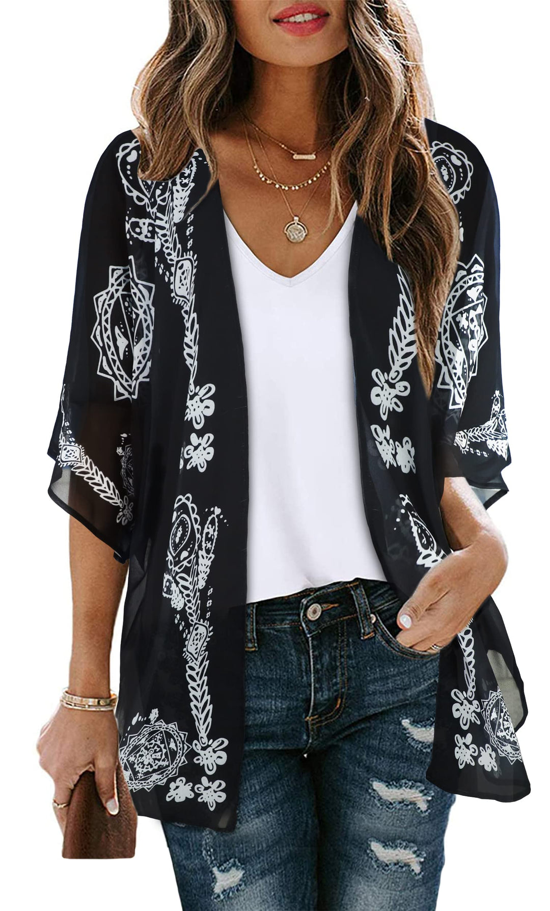 Summer Kimono Cardigan for Women Sheer Boho Tops Casual Open Front Swimwear Shirts Beach Cover ups (Caftan Black,S)