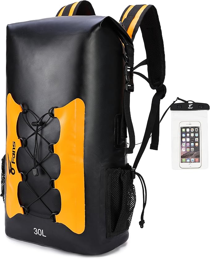 8 Fans Waterproof Backpack 30L,Floating Dry Bag with Phone Case,Roll Top Closure Waterproof Bag for Kayak Boating Sailing Canoeing Rafting Fishing Camping Orange