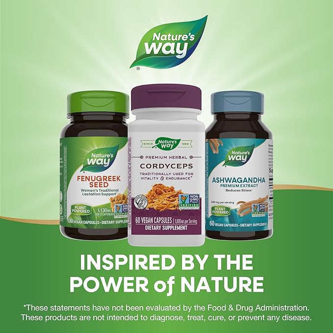 Nature's Way Cordyceps Premium Herbal - 1,000 mg Per 2-Capsule Serving - Traditional Support for Vitality & Endurance* - Mushroom Supplement - Gluten Free - 60 Vegan Capsules