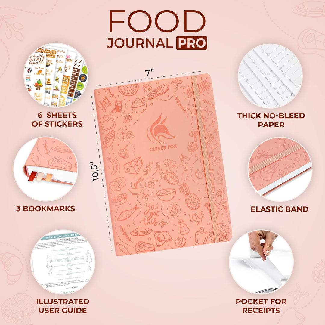 Clever Fox Food Journal Pro – Diet & Wellness Planner for Women & Men – Weight Loss Diary with Calorie Tracker – Food Log for Tracking Meals, Exercise & Weightloss - Undated, 7" x 10" Light Pink