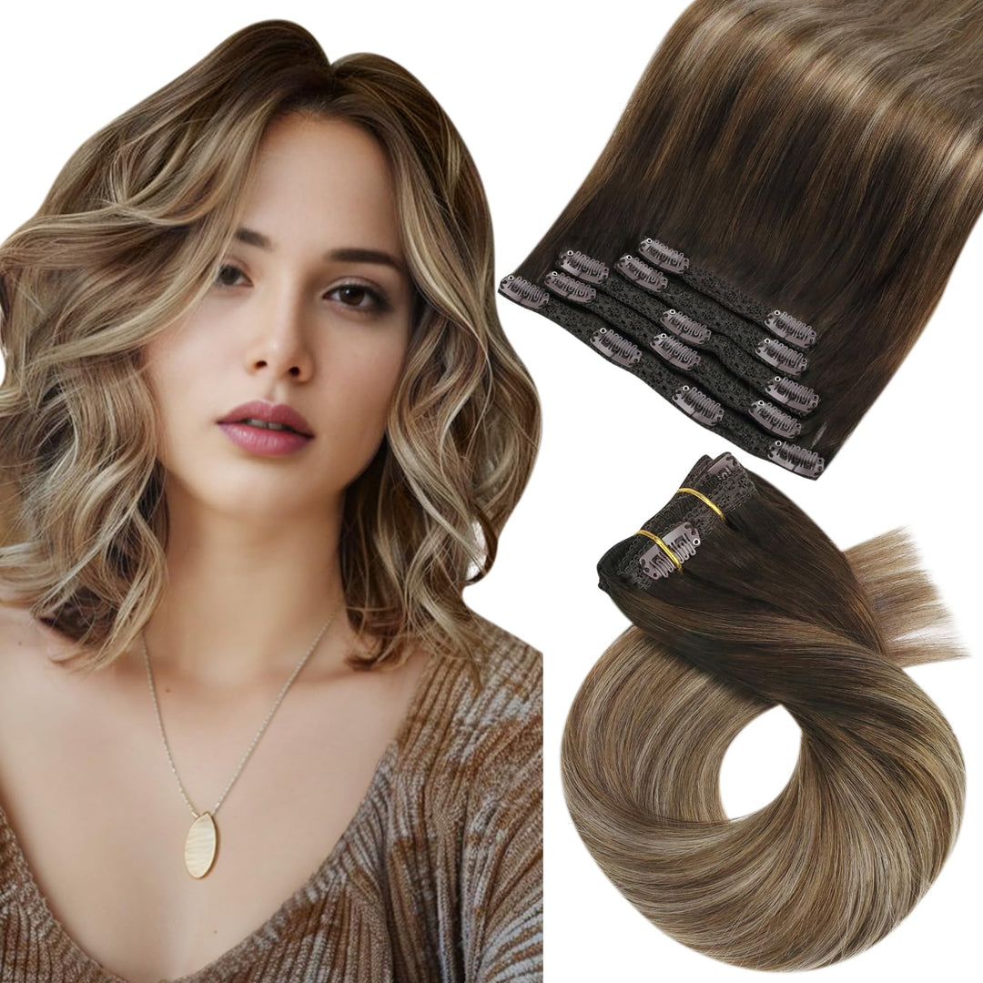 Moresoo Clip In Hair Extensions Balayage Hair Extensions Clip In Human Hair Ombre Dark Brown To Golden Brown With Dark Ash Blond